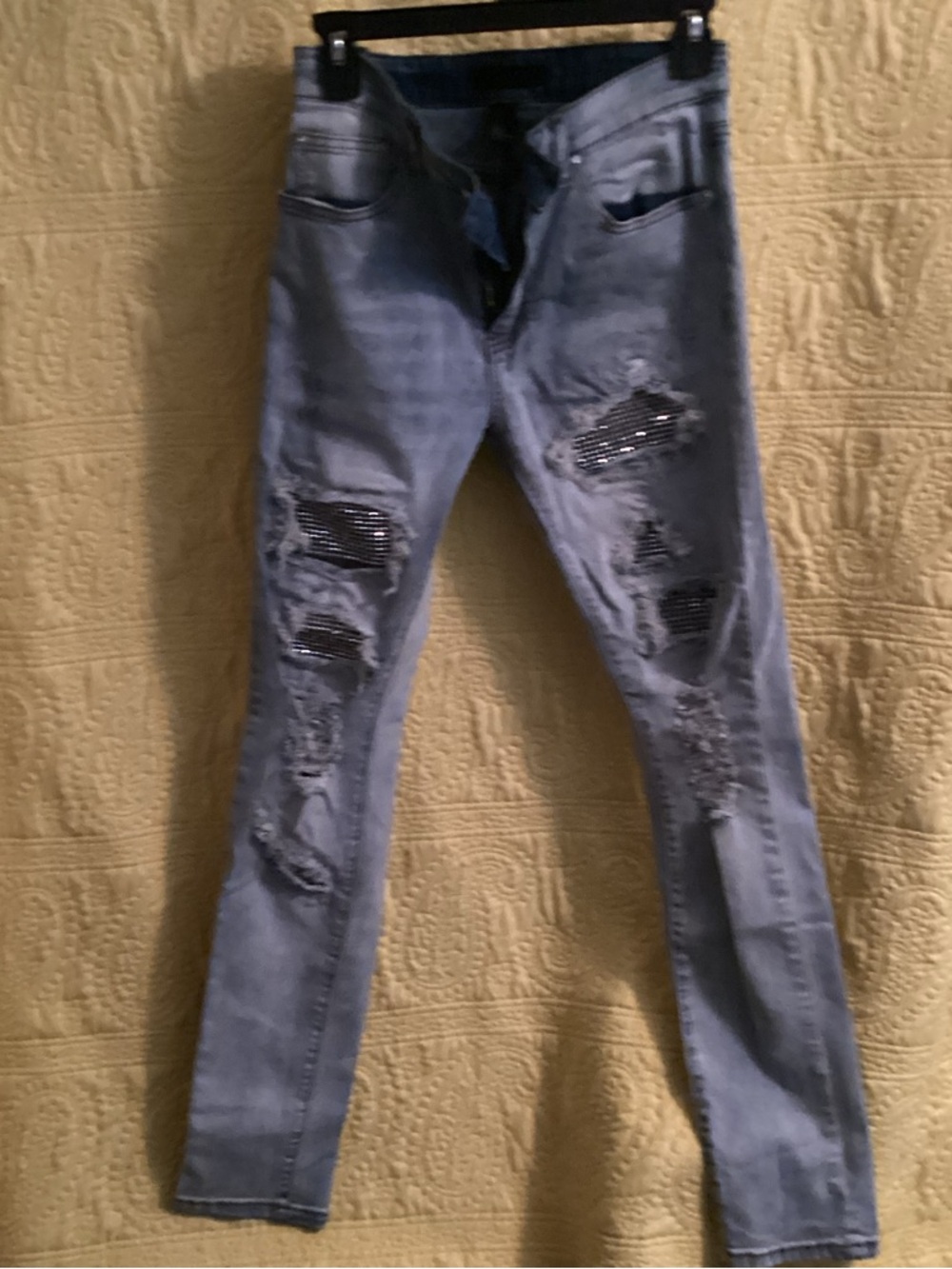 Forever 21 Distressed Skinny Jeans in Light Blue with Black Sequin Patches